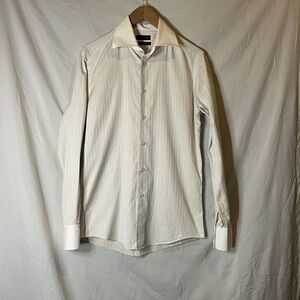 Zara Medium Mens Button Front Shirt Button Up Front Collared White Beige Striped